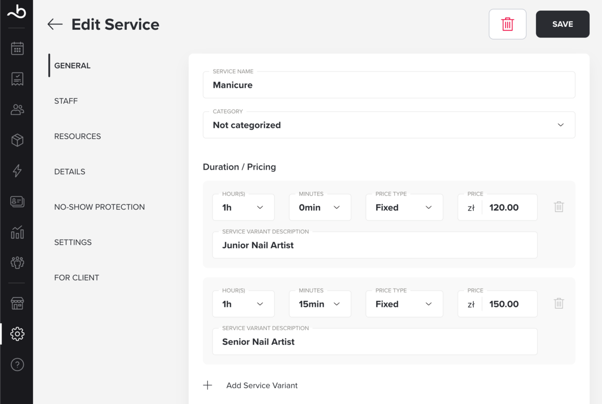 Service Variants screenshot