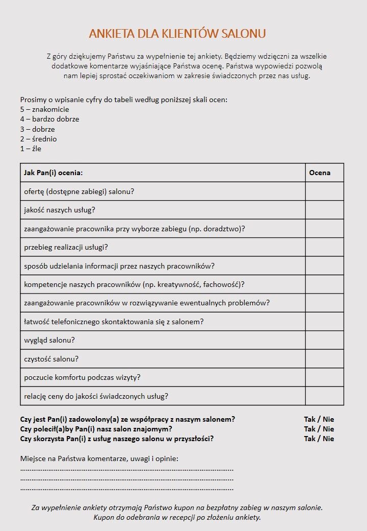 Przykład ankiety dotyczącej oferty i oceny zadowolenia z jakości świadczonych usług