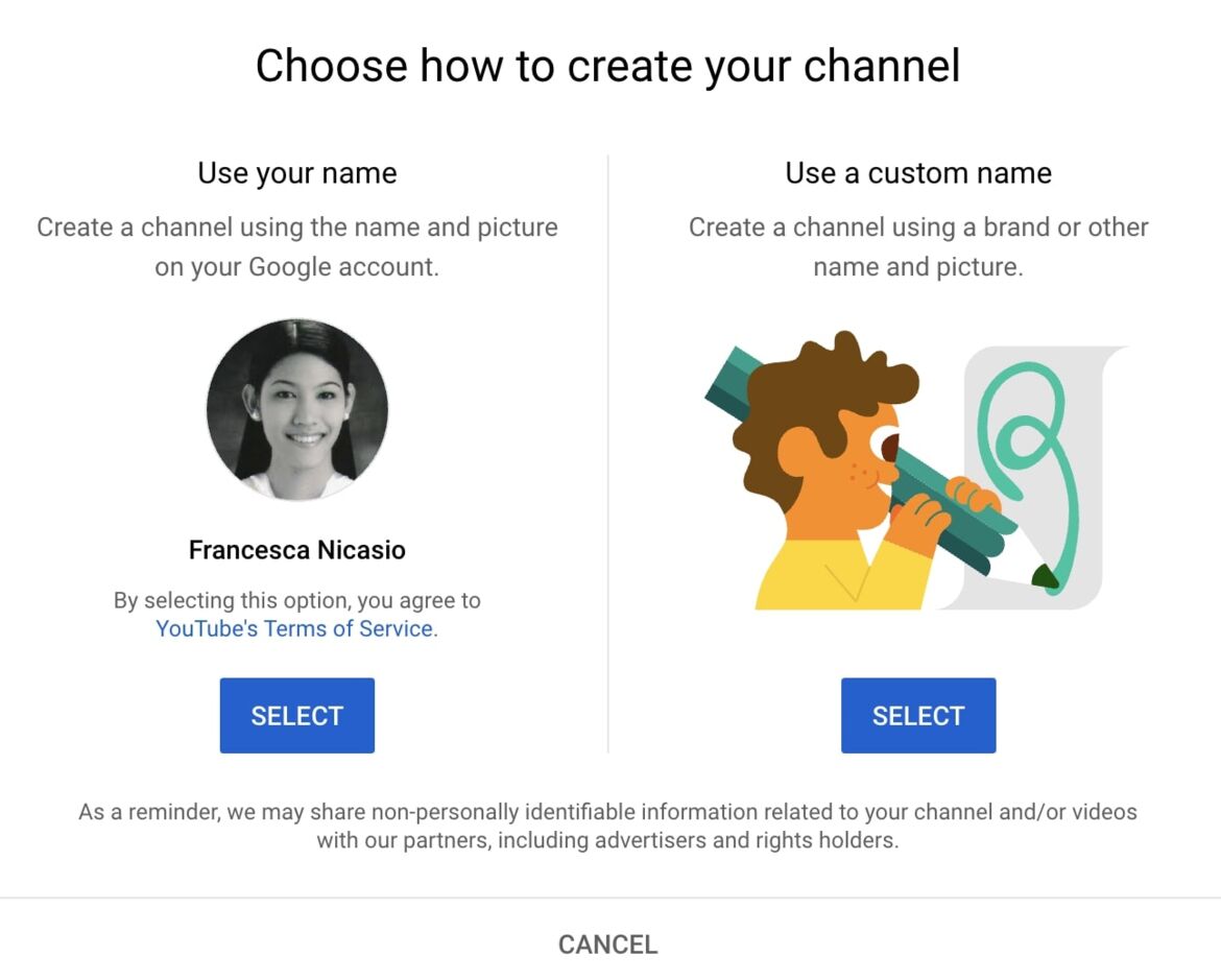 create a channel using your name or a custom name