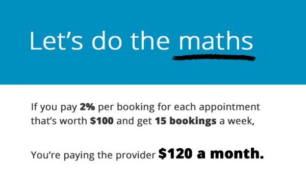 If you pay 2% per booking for each appointment that’s worth $100 and you get 15 bookings a week, you’re paying the provider $120 a month.