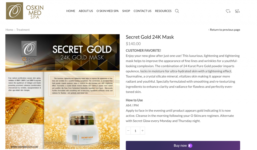   masks infused with gold powder that “locks in moisture for ultra-hydrated skin with a tightening effect.