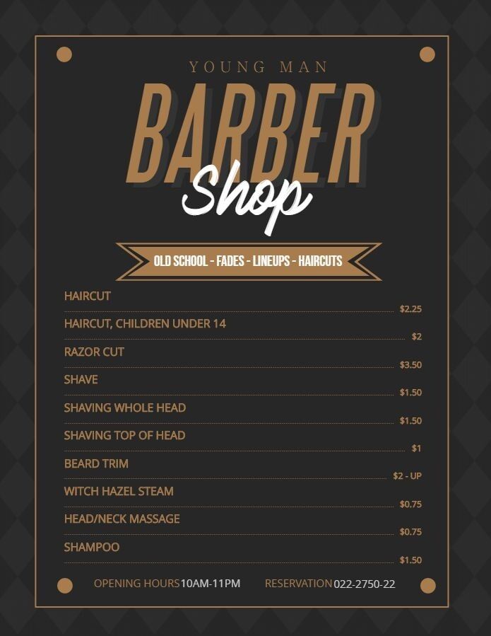 modern barbershop price list